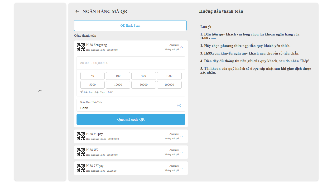 Giao diện nạp tiền bằng mã QR